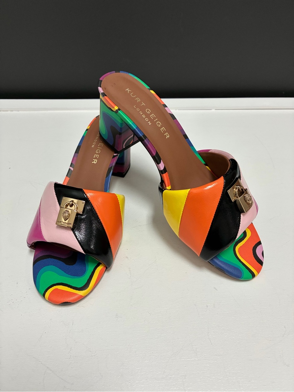 Kurt Geiger Never Worn Multicolor Leather Block Heel Slide Sandals